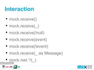 Interaction mock.receive()  mock.receive(_)  mock.receive(!null)  mock.receive(event)  mock.receive(!event)  mock.receive(_ as Message)  mock./set.*/(_) 