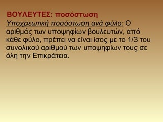 ΒΟΥΛΕΥΤΕΣ: ποσόστωση
Υποχρεωτική ποσόστωση ανά φύλο: Ο
αριθμός των υποψηφίων βουλευτών, από
κάθε φύλο, πρέπει να είναι ίσος με το 1/3 του
συνολικού αριθμού των υποψηφίων τους σε
όλη την Επικράτεια.
 