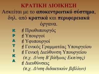 ΚΡΑΤΙΚΗ ΔΙΟΙΚΗΣΗ
Ασκείται με το αποκεντρωτικό σύστημα,
δηλ. από κρατικά και περιφερειακά
όργανα.
Πρωθυπουργός
Υπουργοί
Υφυπουργοί
Γενικός Γραμματέας Υπουργείου
Γενική Διεύθυνση Υπουργείου
(π.χ. Δ/νση Β΄βάθμιας Εκπ/σης)
Διευθύνσεις
(π.χ. Δ/νση διδακτικών βιβλίων)
ΚΚ
ΡΡ
ΑΑ
ΤΤ
ΙΙ
ΚΚ
ΑΑ
 
