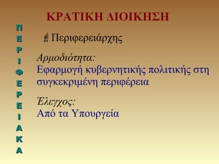 ΚΡΑΤΙΚΗ ΔΙΟΙΚΗΣΗ
Περιφερειάρχης
ΠΠ
ΕΕ
ΡΡ
ΙΙ
ΦΦ
ΕΕ
ΡΡ
ΕΕ
ΙΙ
ΑΑ
ΚΚ
ΑΑ
Αρμοδιότητα:
Εφαρμογή κυβερνητικής πολιτικής στη
συγκεκριμένη περιφέρεια
Έλεγχος:
Από τα Υπουργεία
 