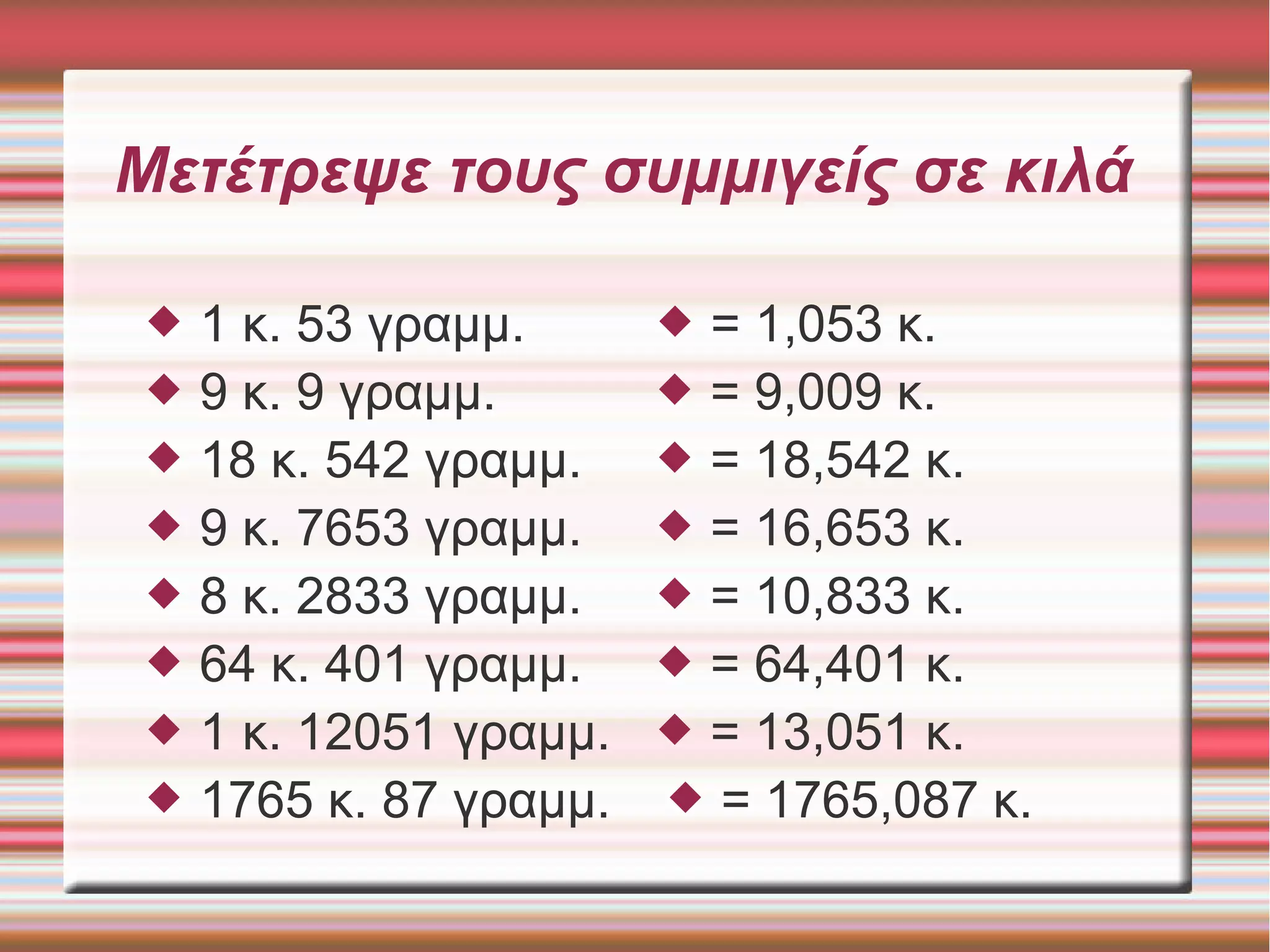 Μετέτρεψε τους συμμιγείς σε κιλά
 1 κ. 53 γραμμ.  = 1,053 κ.
 9 κ. 9 γραμμ.
 18 κ. 542 γραμμ.
 9 κ. 7653 γραμμ.
 8 κ. 2833 γραμμ.
 64 κ. 401 γραμμ.
 1 κ. 12051 γραμμ.
 1765 κ. 87 γραμμ.
 = 9,009 κ.
 = 18,542 κ.
 = 16,653 κ.
 = 10,833 κ.
 = 64,401 κ.
 = 13,051 κ.
 = 1765,087 κ.
 