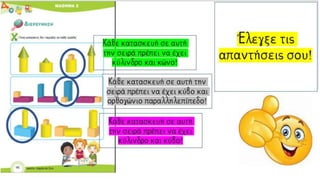 Έλεγξε τις
απαντήσεις σου!
Κάθε κατασκευή σε αυτή
την σειρά πρέπει να έχει
κύλινδρο και κώνο!
Κάθε κατασκευή σε αυτή την
σειρά πρέπει να έχει κύβο και
ορθογώνιο παραλληλεπίπεδο!
Κάθε κατασκευή σε αυτή
την σειρά πρέπει να έχει
κύλινδρο και κύβο!
 