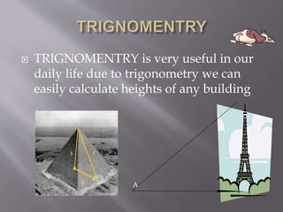  TRIGNOMENTRY is very useful in our
daily life due to trigonometry we can
easily calculate heights of any building
A
 