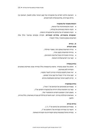 ‫131‬   ‫סקירת ספרות בחמש מדינות נפרדות‬



‫• השוואת גדלים יחסיים של פונקציות ושל קצב השינוי שלהן )למשל, השוואה בין‬
                                ‫גדילה מעריכית, פולינומיאלית ולוגריתמית(.‬


                                              ‫רציפות כתכונה של פונקציה‬
                                      ‫• הבנה אינטואיטיבית של רציפות;‬
                                     ‫• הבנת רציפות במונחים של גבולות;‬
                       ‫• הבנה גיאומטרית של גרפים של פונקציות רציפות;‬
‫*פונקציות פרמטריות, פולריות וקטוריות. חקירת עקומים במישור כולל אלה‬
                                   ‫המיוצגים באופן פרמטרי, פולרי וקטורי.‬


                                                                          ‫‪ .II‬נגזרות‬
                                                                        ‫מושג הנגזרת‬
                                        ‫• נגזרת המיוצגת באופן גרפי, מספרי ומילולי;‬
                                                   ‫• נגזרות המיוצגות כקצב שינוי;‬
                                         ‫• נגזרות המוגדרות כגבול של מנת ההפרשים;‬
                                                 ‫• קשר בין דיפרנציאליות ורציפות.‬


                                                               ‫נגזרת בנקודה‬
‫• שיפוע של עקום בנקודה. שימוש בדוגמאות כולל נקודות שבהן משיקים מאונכים‬
                                                  ‫ונקודות ללא משיקים;‬
                           ‫• ישר משיק לעקום בנקודה וקירוב לינארי מקומי;‬
                               ‫• קצב שינוי מיידי כגבול של קצב שינוי ממוצע;‬
                             ‫• קירוב לקצב השינוי מגרפים ומטבלאות ערכים.‬

                                                                ‫נגזרת כפונקציה‬
                                   ‫• מאפיינים מתאימים של הגרפים של ‪ f‬ושל '‪;f‬‬
                      ‫• קשר בין התנהגות עולה ויורדת של פונקציה והסימן של '‪;f‬‬
                                 ‫• משפט הערך הממוצע והפרוש הגיאומטרי שלו;‬
‫• משוואות הכוללות נגזרות. ייצוג תיאורים מילוליים בעזרת משוואות, כולל נגזרות,‬
                                                                     ‫ולהפך.‬


                                                                     ‫נגזרות שניות‬
                                     ‫• מאפיינים מתאימים של גרפים של ''‪;f ,f' ,f‬‬
                               ‫• הקשר בין קמירות וקעירות של ‪ f‬והסימן של ''‪;f‬‬
                    ‫• נקודות פיתול במקומות בהם הקמירות או הקעירות משתנה.‬




                    ‫© כל הזכויות שמורות לאגף לתכנון ולפיתוח תכניות לימודים‬
 