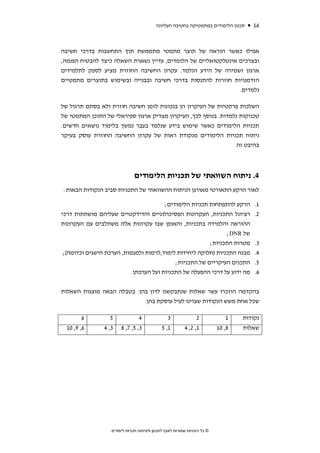 ‫תכנון הלימודים במתמטיקה בחטיבה העליונה‬      ‫61‬



‫אפילו כאשר הוראה של תוצר מתמטי מתממשת תוך התחשבות בדרכי חשיבה‬
‫ובצרכים אינטלקטואליים של הלומדים, עדיין נשארת השאלה כיצד להבטיח הפנמה,‬
‫ארגון ושמירה של הידע הנלמד. עקרון החשיבה החוזרת מציע לספק לתלמידים‬
‫הזדמנויות חוזרות להתנסות בדרכי חשיבה ובבנייה ובשימוש בתוצרים מתמטיים‬
                                                               ‫נלמדים.‬

‫השלכות פרקטיות של העיקרון הן בנכונות לזמן חשיבה חוזרת ולא בסתם תרגול של‬
‫טכניקות נלמדות. בנוסף לכך, העיקרון מצדיק ארגון ספיראלי של התוכן המתמטי של‬
‫תכניות הלימודים כאשר שימוש בידע שנלמד בעבר נמשך בלימוד נושאים חדשים.‬
‫ניתוח תכניות הלימודים מנקודת ראות של עקרון החשיבה החוזרת עוסק בעיקר‬
                                                                ‫בהיבט זה.‬



                               ‫4. ניתוח השוואתי של תכניות הלימודים‬
‫לאור הרקע התאורטי מאורגן הניתוח ההשוואתי של התכניות סביב הנקודות הבאות:‬

                                        ‫הרקע להתפתחות תכניות הלימודים;‬                  ‫1.‬
‫רציונל התכניות, העקרונות הפסיכולוגיים והדידקטיים שעליהם מושתתות דרכי‬                    ‫2.‬
‫ההוראה והלמידה בתכניות, והאופן שבו עקרונות אלה משתלבים עם העקרונות‬
                                                               ‫של ‪;DNR‬‬
                                                         ‫מטרות התכניות;‬                 ‫3.‬
 ‫מבנה התכניות )חלוקה ליחידות לימוד,לרמות ולמגמות, הערכת הישגים וכדומה(;‬                 ‫4.‬
                                            ‫התכנים העיקריים של התכניות;‬                 ‫5.‬
                           ‫מה ידוע על דרכי ההפעלה של התכניות ועל הערכתן.‬                ‫6.‬

‫בהקדמה הוזכרו עשר שאלות שנתבקשנו לדון בהן. בטבלה הבאה מוצגות השאלות‬
                            ‫שכל אחת משש הנקודות שצוינו לעיל עוסקת בהן.‬

        ‫6‬         ‫5‬               ‫4‬               ‫3‬               ‫2‬            ‫1‬    ‫נקודות‬
  ‫6, 9, 01‬      ‫3, 4‬    ‫3, 5, 7, 8‬            ‫1, 5‬         ‫1, 2, 4‬          ‫8, 01‬   ‫שאלות‬




                   ‫© כל הזכויות שמורות לאגף לתכנון ולפיתוח תכניות לימודים‬
 