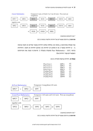 ‫תכנון הלימודים במתמטיקה בחטיבה העליונה‬          ‫83‬




                                                                       ‫* ]אין להשתמש במחשבון[‬

                           ‫תרשים 3. צירופים אפשריים של יחידות הלימוד ברמות ‪AS/A‬‬


‫כפי שעולה מתרשים 3, ברמה ‪ AS‬נכללות שלוש יחידות כאשר שתיים הן חובה וברמה‬
‫‪ 6 – A‬יחידות כאשר 3 או 4 מתוכן הן יחידות ‪ AS‬וארבע יחידות הן חובה. היחידות‬
‫ברמה ‪ Pure Mathematics – AS/L‬מוצגות בטבלה 5. תרשים 4 מציג את הצירופים‬
                                                 ‫האפשריים עבור יחידות אלו.‬


                                                    ‫טבלה 5. יחידות ברמות למידה ‪AS/A‬‬




                                                                       ‫* ]אין להשתמש במחשבון[‬
                           ‫תרשים 4. צירופים אפשריים של יחידות הלימוד ברמות ‪AS/A‬‬




                  ‫© כל הזכויות שמורות לאגף לתכנון ולפיתוח תכניות לימודים‬
 