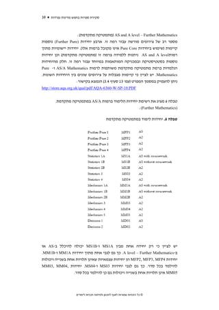 ‫93‬   ‫סקירת ספרות בחמש מדינות נפרדות‬



                    ‫‪) AS and A level – Further Mathematics‬מתמטיקה מתקדמת(:‬
‫מספר רב של צירופים מורשה עבור רמה זו. ארבע יחידות )‪ (Further Pure‬נוספות‬
‫קיימות )שימוש ביחידות ‪ Pure Core‬אינו מקובל ברמות אלו(. יחידות יישומיות מתוך‬
‫רמות‪ AS and A level‬ניתנות ללמידה ברמה זו )מתמטיקה מתקדמת( וכן יחידות‬
‫נוספות בסטטיסטיקה ובמכניקה המותאמות במיוחד עבור רמה זו. חלק מהיחידות‬
‫הנלמדות ברמת מתמטיקה מתקדמת משותפות לרמות ‪ AS/A Mathematics‬ו- ‪Pure‬‬
‫‪ .Mathematics‬יש לציין כי קיימות מגבלות על צירופים שונים בין היחידות השונות.‬
                   ‫ניתן להעמיק במסמך המפרט )עמ' 31 סעיף 4.3( הנמצא בקישור:‬
‫‪http://store.aqa.org.uk/qual/pdf/AQA-6360-W-SP-10.PDF‬‬


       ‫טבלה 6 מציג את רשימת יחידות הלימוד ברמות ‪ AS/A‬במתמטיקה מתקדמת.‬
                                                 ‫)‪:(Further Mathematics‬‬

                                            ‫טבלה 6. יחידות לימוד במתמטיקה מתקדמת‬




‫יש לציין כי רק יחידה אחת מבין ‪ MS1A‬ו-‪ MS1B‬יכולה להיכלל ב-‪ AS‬או‬
‫ב-‪ .A level – Further Mathematics‬כך גם לגבי אחת מתוך יחידות ‪ MM1A‬ו-‪.MM1B‬‬
‫יחידות 4‪ MFP2, MFP3, MFP‬הן יחידות עצמאיות שאינן תלויות אחת בשנייה ויכולות‬
‫להילמד בכל סדר. כך גם לגבי יחידות 30‪ MS‬ו-40‪ .MS‬יחידות ,40‪MM03, MM‬‬
                  ‫50‪ MM‬אינן תלויות אחת בשנייה ויכולות גם כן להילמד בכל סדר.‬



                    ‫© כל הזכויות שמורות לאגף לתכנון ולפיתוח תכניות לימודים‬
 