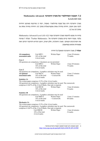 47    ‫סקירת ספרות בחמש מדינות נפרדות‬



      Mathematics Advanced ‫2.7 המבנה המודולארי של מערך ההערכה‬
                                                 Level (AS+A2)

‫ מורכבת מארבע יחידות‬A ‫מערך ההערכה הינו בעל מבנה מודולארי. כאמור, רמה‬
‫ ויחידה בחירה אחת או‬AS ‫ליבה שהן חובה, יחידת בחירה אחת אופציונאלית מתוך‬
                                                        .A2 ‫ או‬AS ‫מתוך‬


Mathematics Advanced Level (AS+A2) ‫בדוח זה מובא לדוגמה מערך ההערכה עבור‬
‫4. טבלה 7 מציגה‬Further Mathematics ‫בלבד. מבנה דומה קיים במערך ההערכה של‬
‫את המרכיבים הבאים: מערך ההערכה, חלק הציון, הזמן הנדרש והניקוד הניתן ואת‬
                                                   .‫אפשרות שימוש במחשבון‬


                                                   ‫טבלה 7. מערך ההערכה ומשקל כל יחידה‬
AS compulsory          Unit MPC1                  Written Paper                1 hour 30 minutes
assessment units       16% of the total                                        75 marks
                       A level marks
Core 1
All questions are compulsory. Calculators are not permitted
                       Unit MPC2               Written Paper          1 hour 30 minutes
                       16% of the total                               75 marks
                       A level marks
Core 2
All questions are compulsory. A graphics calculator may be used.
AS optional            Unit MS1A               Written Paper          1 hour 15 minutes
assessment units       16% of the total        + Coursework           60 marks
                       A level marks
Statistics 1A
The written paper comprises 12.5% of the A level marks.
All questions are compulsory. A graphics calculator may be used. The coursework
comprises 4.1667% of the A level Marks. One task is required.
                       Unit MS1B               Written Paper          1 hour 30 minutes
                       16% of the total                               75 marks
                       A level marks
Statistics 1B
All questions are compulsory. A graphics calculator may be used
                       Unit MM1A               Written Paper          1 hour 15 minutes
                       16% of the total        + Coursework           60 marks
                       A level marks
Mechanics 1A
The written paper comprises 12.5% of the A level marks.
All questions are compulsory. A graphics calculator may be used. The coursework
comprises 4.1667% of the A level Marks. One task is required.
                     Unit MM1B                 Written Paper          1 hour 30 minutes
                     16% of the total                                 75 marks
                     A level marks




                                       :‫4 לשם העמקה ניתן לפנות למסמך המפרט הקיים בקישור‬
                              http://store.aqa.org.uk/qual/pdf/AQA-6360-W-SP-10.PDF


                      ‫© כל הזכויות שמורות לאגף לתכנון ולפיתוח תכניות לימודים‬
 