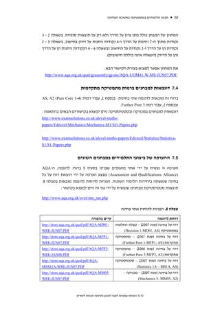 ‫תכנון הלימודים במתמטיקה בחטיבה העליונה‬         ‫05‬



‫המחוון של המבחן כולל מתן ציון על הדרך ולא רק על תוצאות סופיות. בשאלה 2 - 3‬
‫נקודות מתוך ה-7 ניתנות על הדרך ו-4 נקודות ניתנות על דיוק בחישוב, בשאלה 5 - 2‬
‫נקודות הן על הדרך ו-2 נקודות על החישוב ובשאלה 6 - 4 הנקודות ניתנות הן על הדרך‬
                                    ‫והן על הדיוק )השאלה אינה כוללת חישובים(.‬


                                            ‫את המחוון אפשר למצוא בעזרת הקישור הבא:‬
  ‫‪http://www.aqa.org.uk/qual/gceasonly/qp-ms/AQA-UOM41-W-MS-JUN07.PDF‬‬


                         ‫4.7 דוגמאות למבחנים ברמות מתמטיקה מתקדמות‬
‫בדוח זה מובאות לדוגמה שתי בחינות: בנספח 1, עבור רמות )4-1 ‪AS, A2 (Pure Core‬‬
                                       ‫ובנספח 2, עבור רמה 3 ‪.Further Pure‬‬
‫דוגמאות למבחנים במכניקה ובסטטיסטיקה ניתן למצוא בקישורים הבאים בהתאמה:‬
‫-‪http://www.examsolutions.co.uk/alevel-maths‬‬
‫‪papers/Edexcel/Mechanics/Mechanics-M1/M1-Papers.php‬‬


‫-‪http://www.examsolutions.co.uk/alevel-maths-papers/Edexcel/Statistics/Statistics‬‬
‫‪S1/S1-Papers.php‬‬


                       ‫5.7 ההערכה של ביצועי התלמידים במבחנים השונים‬
‫הערכה זו נעשית על ידי אחד מהגופים שצוינו בסעיף 5 בדוח. לדוגמה, ה-‪AQA‬‬
‫)‪ (Assessment and Qualifications Alliance‬מבצע הערכה על ידי הוצאת דוח על כל‬
‫בחינה שנעשתה ביחידות הלימוד השונות. הפניות לדוחות לדוגמה מובאות בטבלה 8.‬
          ‫תוצאות סטטיסטיקת מבחנים שנעשית על ידי גוף זה ניתן למצוא בקישור:‬

‫‪http://www.aqa.org.uk/over/stat_nat.php‬‬

                                                         ‫טבלה 8. הפניות לדוחות אחר בחינה‬

                                 ‫קיים בהפניה‬                                      ‫דוחות לדוגמה‬
‫-10‪http://store.aqa.org.uk/qual/pdf/AQA-MD‬‬           ‫דוח על בחינה )שנת 7002( – קבלת החלטות‬
‫‪WRE-JUN07.PDF‬‬                                             ‫במתמטיקה )‪(Decision 1-MD01, AS‬‬
‫-1‪http://store.aqa.org.uk/qual/pdf/AQA-MFP‬‬           ‫דוח על בחינה )שנת 7002( – מתמטיקה‬
‫‪WRE-JUN07.PDF‬‬                                            ‫מתקדמת )‪(Further Pure 1-MFP1, AS‬‬
‫-3‪http://store.aqa.org.uk/qual/pdf/AQA-MFP‬‬           ‫דוח על בחינה )שנת 8002( – מתמטיקה‬
‫‪WRE-JAN08.PDF‬‬                                            ‫מתקדמת )2‪(Further Pure 3-MFP3, A‬‬
‫-‪http://store.aqa.org.uk/qual/pdf/AQA‬‬                ‫דוח על בחינה )שנת 7002( – סטטיסטיקה‬
‫‪MSSS1A-WRE-JUN07.PDF‬‬                                                  ‫)‪(Statistics 1A – MS1A, AS‬‬
‫-50‪http://store.aqa.org.uk/qual/pdf/AQA-MM‬‬                 ‫דוח על בחינה )שנת 7002( – מכניקה –‬
‫‪WRE-JUN07.PDF‬‬                                                          ‫)2‪(Mechanics 5- MM05, A‬‬



                      ‫© כל הזכויות שמורות לאגף לתכנון ולפיתוח תכניות לימודים‬
 