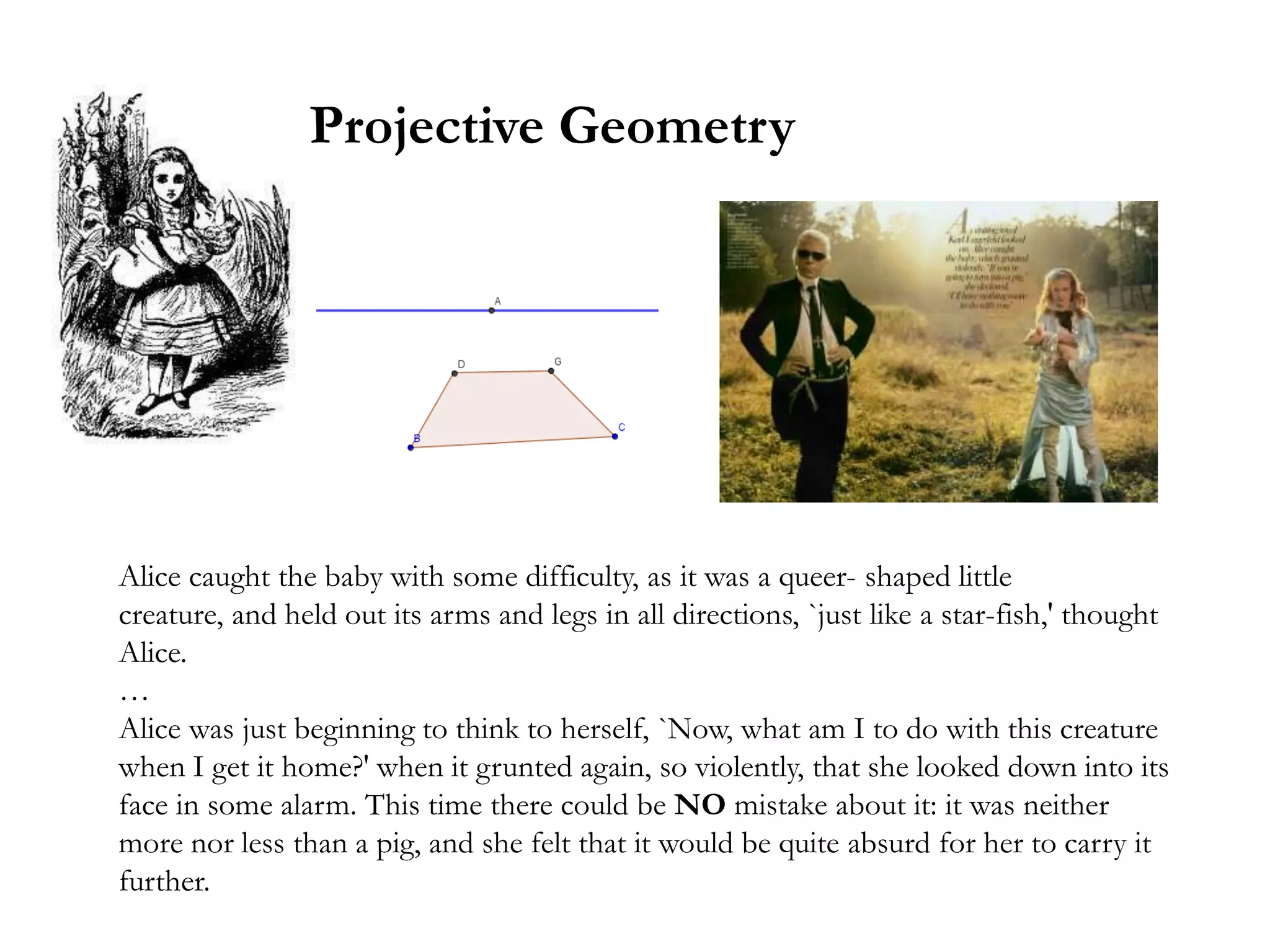 Projective Geometry




Alice caught the baby with some difficulty, as it was a queer- shaped little
creature, and held out its arms and legs in all directions, `just like a star-fish,' thought
Alice.
…
Alice was just beginning to think to herself, `Now, what am I to do with this creature
when I get it home?' when it grunted again, so violently, that she looked down into its
face in some alarm. This time there could be NO mistake about it: it was neither
more nor less than a pig, and she felt that it would be quite absurd for her to carry it
further.
 