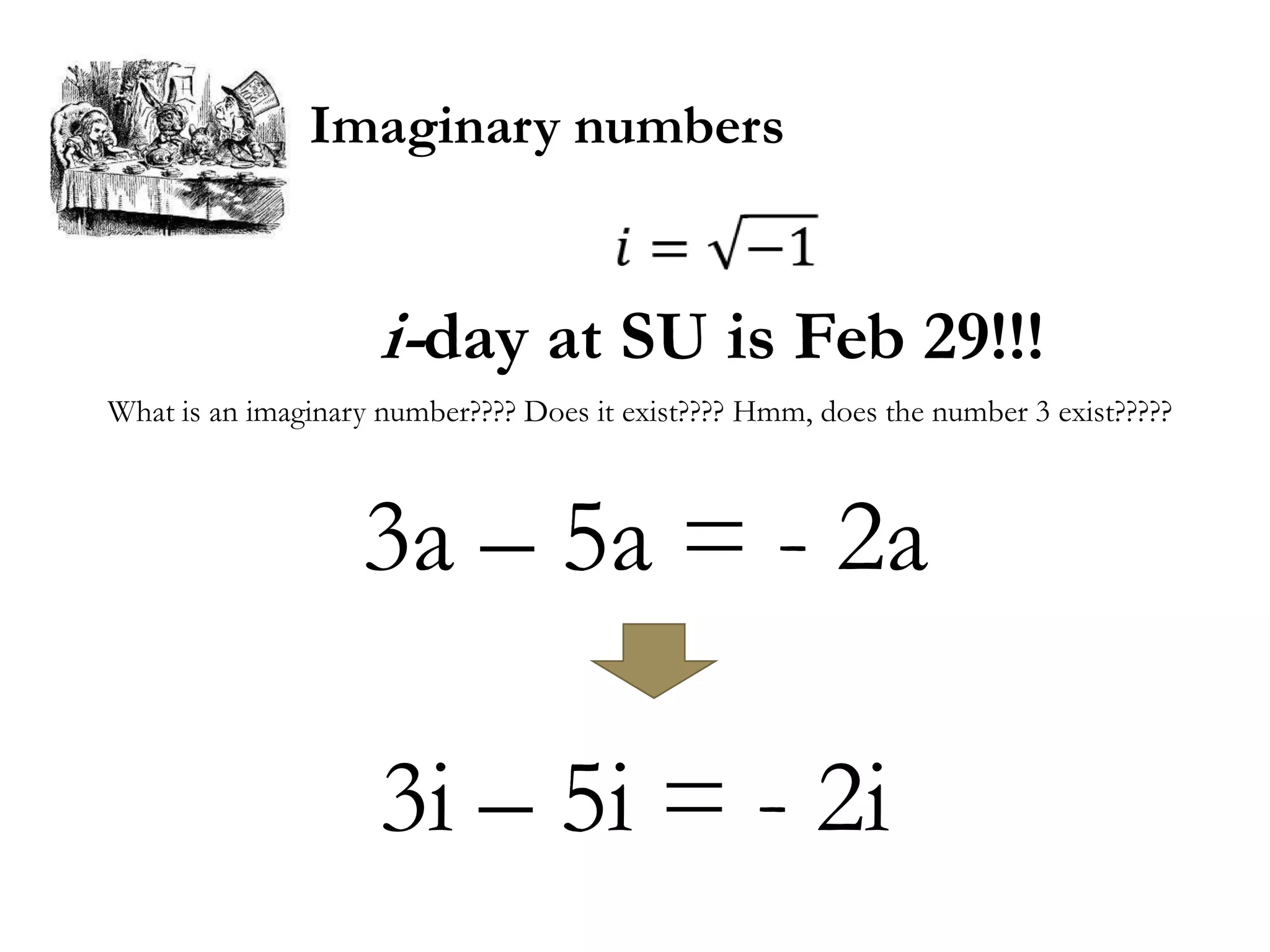 Imaginary numbers


                     i-day at SU is Feb 29!!!
What is an imaginary number???? Does it exist???? Hmm, does the number 3 exist?????



                   3a – 5a = - 2a

                     3i – 5i = - 2i
 