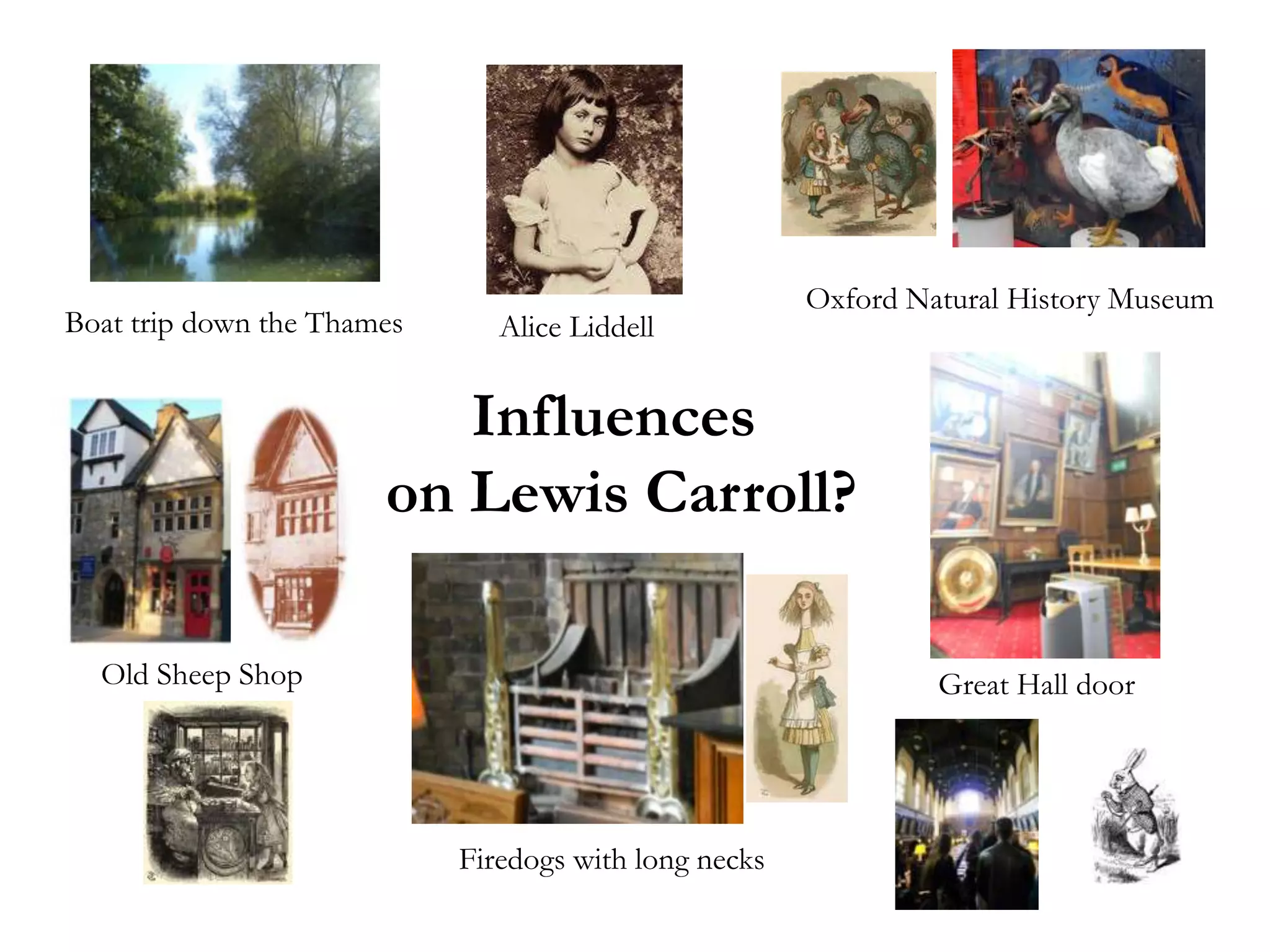 Oxford Natural History Museum
Boat trip down the Thames      Alice Liddell


                          Influences
                       on Lewis Carroll?

  Old Sheep Shop                                                Great Hall door




                            Firedogs with long necks
 