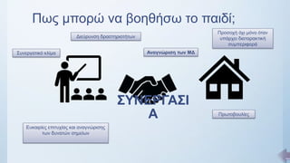 Πως μπορώ να βοηθήσω το παιδί;
ΣΥΝΕΡΓΑΣΙ
Α
Συνεργατικό κλίμα
Πρωτοβουλίες
Ευκαιρίες επιτυχίας και αναγνώρισης
των δυνατών σημείων
Προσοχή όχι μόνο όταν
υπάρχει διαταρακτική
συμπεριφορά
Αναγνώριση των ΜΔ
Διεύρυνση δραστηριοτήτων
 