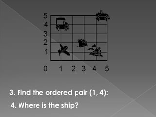 3. Find the ordered pair (1, 4):4. Where is the ship?