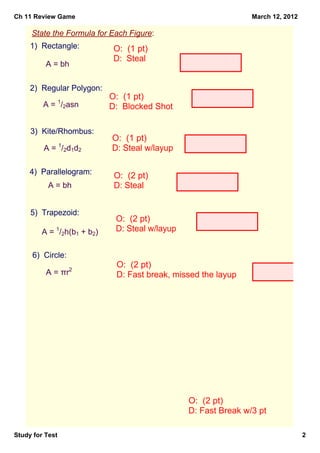 Ch 11 Review Game                                               March 12, 2012

     State the Formula for Each Figure:
     1)  Rectangle:          O:  (1 pt)
                             D:  Steal
          A = bh

     2)  Regular Polygon:
                            O:  (1 pt)
         A = 1/2asn         D:  Blocked Shot

     3)  Kite/Rhombus:
                            O:  (1 pt)
                 1
         A =  /2d1d2        D: Steal w/layup

     4)  Parallelogram:      O:  (2 pt)
           A = bh            D: Steal 


     5)  Trapezoid:
                             O:  (2 pt)
        A = 1/2h(b1 + b2)    D: Steal w/layup


     6)  Circle:
                             O:  (2 pt)
          A = πr2            D: Fast break, missed the layup




                                                O:  (2 pt)
                                                D: Fast Break w/3 pt

Study for Test                                                                   2
 