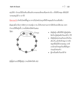 OpenPassorn Math Kit EBook ห น้ า 122
วิธีจัดหมู่ั(Combination)
เป็นการเลือกสิ่งของออกมาเป็นหมู่หรือชุด โดยไม่คานึงว่าจะได้สิ่งของใดออกมาก่อนหรือ
หลัง เช่น มีตัวอักษร 3 ตัว คือ a , b และ c ถ้าต้องการเลือกตัวอักษร 2 ตัว จากตัวอักษร 3 ตัวนี้
โดยไม่คานึงถึงลาดับก่อนหลังของการเลือก จะเลือกได้ 3 วิธี คือ ab , bc และ ca
โดยทั่วไปจานวนวิธีจัดหมู่ของสิ่งของ n สิ่ง โดยเลือกคราวละ r สิ่ง (0 r n) เท่ากับจานวนสับ
เซตที่มีสมาชิก r ตัว ของเซตที่มีสมาชิก n
ให้ n
Cr หรือ Cn,r หรือ (n
) แทนจานวนวิธีจัดหมู่ของสิ่งของ n สิ่ง โดยเลือกคราวละ r สิ่ง
ในแต่ละวิธีจัดหมู่ของสิ่งของ r สิ่ง เมื่อนามาจัดเรียงในแนวเส้นตรง จะได้วิธีเรียงสับเปลี่ยน r! วิธี
ดังนั้น จานวนวิธีการเรียงสับเปลี่ยนของสิ่งของทีละ r สิ่ง จากสิ่งของ n สิ่ง ที่แตกต่างกัน เท่ากับ
r! x Cn,r = Pn,r
ดังนั้น n = =
n
(n )
สรุปได้ว่า จานวนวิธีจัดหมู่ของสิ่งของที่แตกต่างกัน n สิ่ง โดยเลือกคราวละ r สิ่ง (0 r n)
เท่ากับ
n
(n )
เนื่องจาก n =
n
(n )
=
n
(n )
=
n
(n (n )) (n )
= n n
ดังนั้น จะได้ว่า n = n n หรือ (n
) = ( n
n
)
 