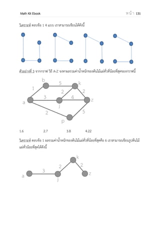 OpenPassorn Math Kit EBook ห น้ า 131
ทฤษฎีบททวินาม
ในหัวข้อนี้จะกล่าวถึงสูตรของการกระจาย (x+y)n
เมื่อ x , y เป็นจานวนจริงใดๆ และ n เป็น
จานวนเต็มบวก พิจารณาการกระจายต่อไปนี้
(x y) = x + y
(x y) = x2
+2xy + y2
(x y) = + + +
(x y) = + + + +
(x y) = + + + x
(x y) =(x y) (x y) (x y) (ทั้งหมด n ตัว)
ถ้า x , y เป็นจานวนจริง และ n เป็นจานวนเต็มบวก แล้ว
(x y)n
= (n
)xn
(n
)xn
y (n
)xn
y (n
n
)yn
เราจึงสามารถสรุปกฎได้ว่า Tr+1 = (n
)an
 rbr
ข้อสังเกตการกระจาย (a+b)n
 กระจายได้ทั้งหมด n+1 พจน์
 ดีกรีของแต่ละพจน์จะเท่ากับ n เสมอ
 ผลบวกสัมประสิทธ์ทวินามทุกพจน์ คือ 2n
 ผลบวกทุกพจน์คือ (a+b)n
 สัมประสิทธิ์ทวินามสามารถหาได้จากสามเหลี่ยมปาสคาลหรือใช้การเลือก
 