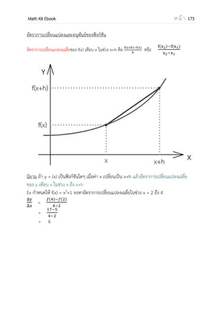 OpenPassorn Math Kit Ebook ห น้ า 173
บทที่ 15 แคลคูลัสพื้นฐาน
ลิมิต (lim) และความต่อเนื่อง
อนุพันธ์ของฟังก์ชัน (อัตราการเปลี่ยนขณะใดๆ )
ปฏิยานุพันธ์ของฟังก์ชัน
อัตราการเปลี่ยนเฉลี่ย
อัตราการเปลี่ยนขณะใดๆ เมื่อ y เทียบ x
ความชันเส้นโค้ง
ค่าสูงสุด ค่าต่าสุด
ประยุกต์อนุพันธ์
ปริพันธ์จากัดเขต
ปริพันธ์ไม่จากัดเขต
พื้นที่ใต้กราฟ
 