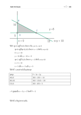 OpenPassorn Math Kit Ebook ห น้ า 185
วาดกราฟ
ค่าสูงสุดสัมพัทธ์เกิดที่ f(–3) = 95
ค่าต่าสุดสัมพัทธ์เกิดที่ f(2) = –30
วิธีการหาค่าสูงสุดสัมบูรณ์และค่าต่าสุดสัมบูรณ์
ถ้าฟังก์ชัน f เป็นฟังก์ชันต่อเนื่องบนช่วงปิด [a,b] แล้วสามารถหาค่าสูงสุดสัมบูรณ์และค่า
ต่าสุดสัมบูรณ์ของฟังก์ชัน f ตามขั้นตอนดังนี้
1. หาค่าวิกฤตทั้งหมด จากการหาอนุพันธ์ของ f ในช่วงปิด [a,b]
2. หาค่าของฟังก์ชัน ณ ค่าวิกฤตที่ได้
3. หาค่า f(a) และ f(b)
4. เปรียบเทียบค่าที่ได้จากจากข้อ 2 และข้อ 3 ซึ่ง สามารถสรุปได้ว่า
ค่ามากที่สุดจากข้อ 2 และข้อ 3 เป็นสูงสุดสัมบูรณ์ของฟังก์ชัน f
ค่าน้อยที่สุดจากข้อ 2 และข้อ 3 เป็นสูงสุดสัมบูรณ์ของฟังก์ชัน f
ตัวอย่างที่ 9 จงหาค่าสูงสุดสัมบูรณ์และค่าต่าสุดสัมบูรณ์ของฟังก์ชัน f เมื่อ f(x) = x3
– 3x+2 บน
ช่วงปิด [0,2]
วิธีทา จาก f(x) = x3
–3x+2
f (x) = 3x2
– 3
= 3(x2
– 1)
= 3(x – 1)(x + 1)
 