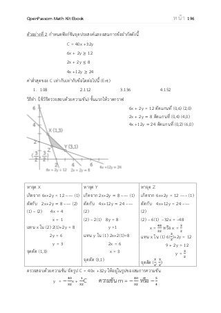 OpenPassorn Math Kit Ebook ห น้ า 196
ตัวอย่างที่ 2 กาหนดฟังก์ชันจุดประสงค์และอสมการข้อจากัดดังนี้
C = 40x +32y
6x + 2y 12
2x + 2y 8
4x +12y 24
ค่าต่าสุดของ C เท่ากับเท่ากับข้อใดต่อไปนี้ (Ent)
1. 108 2.112 3.136 4.152
วิธีทา (ใช้วิธีตรวจสอบด้วยความชัน) ขั้นแรกให้วาดกราฟ
6x + 2y = 12 ตัดแกนที่ (0,6) (2,0)
2x + 2y = 8 ตัดแกนที่ (0,4) (4,0)
4x +12y = 24 ตัดแกนที่ (0,2) (6,0)
หาจุด X
เกิดจาก 6x+2y = 12 ––– (1)
ตัดกับ 2x+2y = 8 ––– (2)
(1) – (2) 4x = 4
x = 1
แทน x ใน (2) 2(1)+2y = 8
2y = 6
y = 3
จุดตัด (1,3)
หาจุด Y
เกิดจาก 2x+2y = 8 ––– (1)
ตัดกับ 4x+12y = 24 –––
(2)
(2) – 2(1) 8y = 8
y =1
แทน y ใน (1) 2x+2(1)=8
2x = 6
x = 3
จุดตัด (3,1)
หาจุด Z
เกิดจาก 6x+2y = 12 ––– (1)
ตัดกับ 4x+12y = 24 –––
(2)
(2) – 6(1) –32x = –48
x = หรือ x =
แทน x ใน (1) 6( )+2y = 12
9 + 2y = 12
y =
จุดตัด ( , )
ตรวจสอบด้วยความชัน จัดรูป C = 40x +32y ให้อยู่ในรูปของสมการความชัน
y = − x + C ความชัน m = − หรือ −
 