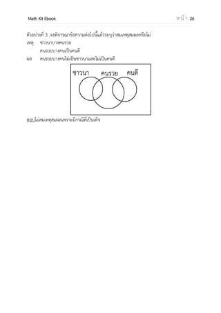 OpenPassorn Math Kit EBook ห น้ า 26
ตัวอย่างที่ 3 .จงพิจารณาข้อความต่อไปนี้แล้วระบุว่าสมเหตุสมผลหรือไม่
เหตุ ชาวนาบางคนรวย
คนรวยบางคนเป็นคนดี
ผล คนรวยบางคนไม่เป็นชาวนาและไม่เป็นคนดี
ตอบไม่สมเหตุสมผลเพราะมีกรณีที่เป็นเท็จ
 