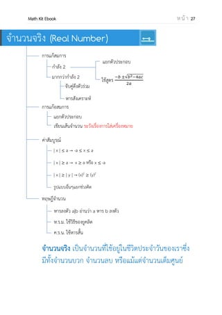 OpenPassorn Math Kit EBook ห น้ า 27
บทที่ 3 จานวนจริงและทฤษฏีจานวน
การแก้สมการ
กาลัง 2
มากกว่ากาลัง 2
จับคู่ดึงตัวร่วม
หารสังเคราะห์
แยกตัวประกอบ
ใช้สูตร
−𝑏 ± 𝑏2− 𝑎𝑐
𝑎
การแก้อสมการ
แยกตัวประกอบ
เขียนเส้นจานวน ระวังเรื่องการใส่เครื่องหมาย
ค่าสัมบูรณ์
| x | ≤ a -a ≤ x ≤ a
| x | ≥ a x ≥ a หรือ x ≤ -a
| x | ≥ | y | (x)2
≥ (y)2
รูปแบบอื่นๆ แยกช่วงคิด
ทฤษฎีจานวน
หารลงตัว a|b อ่านว่า a หาร b ลงตัว
ห.ร.ม. ใช้วิธีของยูคลิด
ค.ร.น. ใช้หารสั้น
 