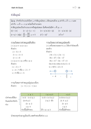 OpenPassorn Math Kit EBook ห น้ า 33
ตัวอย่างที่ 3 จงเขียนเส้นจานวนของอสมการต่อไปนี้
1.(x – 3)(5 – x) > 0
ตอบ (3,5) เพราะหากเรานาตัวเลขที่อยู่ระหว่าง 3 ถึง 5 มาแทนลงในสมการ มีผลให้คาตอบได้เป็นจานวน
บวกเสมอแต่ในทางกลับกัน ถ้านาช่วงที่น้อยกว่า 3 หรือ มากกว่า 5 ไปแทนลงในสมการจะทาให้สมการได้
คาตอบเป็นจานวนลบเสมอ
2.(x – 6)2
(x – 2)(x + 1) < 0
ตอบ (–1,2) เพราะหากเรานาตัวเลขที่อยู่ระหว่าง 3 ถึง 5 มาแทนลงในสมการ มีผลให้คาตอบได้เป็น
จานวนบวกเสมอ
3.(7 – x)2
(x + 3) ≤ 0
ตอบ (∞,–3] ∪ {7}
4.
− − − 2
−
≥ 0
ตอบ (–∞,–2) ∪ (1,3] ∪ {2} เพาระ ที่เราไม่รวม –2 กับ 1 มาเป็นคาตอบเพราะถ้าถ้านามารวมเป็นคาตอบ
จะทาให้ส่วนเป็น 0 แล้วหาค่าไม่ได้
 