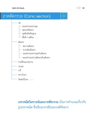 OpenPassorn Math Kit EBook ห น้ า 49
อินเวอร์สในรูปสมการปกติ
Ex f(x) = 3x +1 จงหา f–1
(2)
y = 3x +1
สลับที่ x และ y x = 3y +1
y =
−
f–1
(x) =
−
f–1
(2) =
Ex f(x) =
±
±
f–1
(x) =
− ±
± −
Ex f(x) =
−
จงหา f–1
(2)
y =
−
สลับที่ x และ y x =
−
x(6y+5) = 4y – 1
x(6y+5) +1 = 4y
6xy – 4y + 5x +1 = 0
y(6x–4) = – 5x – 1
y =
− −
−
f–1
(x) =
− −
−
f–1
(2) =
−
อินเวอร์สในรูปไม่สมการปกติ
แนวคิดให้สลับก้อนข้างใน f( ) = เป็น f–1
( ) =
Ex f(4x+1) = 2x – 2 จงหา f–1
(–2)
f–1
(2x – 2) = 4x +1
f–1
(x) = 4[ ] +1
f–1
(x) = 2(x+2) +1
f–1
(x) = 4x+5
f–1
(–2) = 4(–2) +5
= –3
กาหนด A แทน x2
2x – 2 = A
x =
 