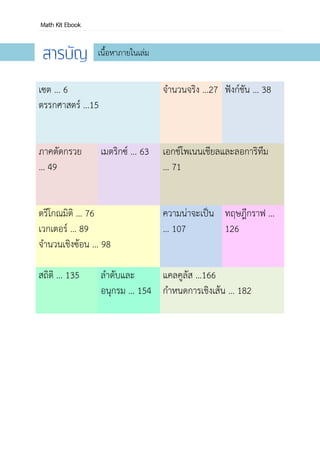 OpenPASSORN Math Kit Ebook หนังสือพัฒนาการ
สารบัญ
เซต
หน้า 6
ตรรกศาสตร์
หน้า 15
จานวนจริง
หน้า 27
ฟังก์ชัน
หน้า 39
ภาคตัดกรวย
หน้า 52
เมตริกซ์
หน้า 66
เอกซ์โพเนนเชียล
และลอการิทึม
หน้า 75
ตรีโกณมิติ
หน้า 82
เวกเตอร์
หน้า 95
จานวน
เชิงซ้อน
หน้า 104
ความน่าจะ
เป็น
หน้า 113
ทฤษฎีกราฟ
หน้า 133
สถิติ
หน้า 142
ลาดับและ
อนุกรม
หน้า 161
แคลคูลัส
หน้า 173
กาหนดการ
เชิงเส้น
หน้า 189
 