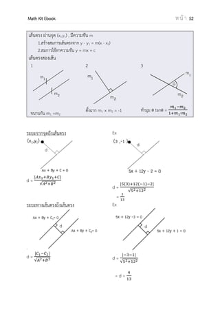 OpenPassorn Math Kit EBook ห น้ า 52
บทที่ 5 เรขาคณิตวิเคราะห์และภาคตัดกรวย
จุด
เส้นตรง
การเลื่อนแกนขนาน
วงรี
พาราโบลา
ไฮเพอร์โบลา
ระยะห่างระหว่างจุด
จุดแบ่งเส้นตรง
จุดตัดเส้นมัธยฐาน
พื้นที่ n เหลี่ยม
สมการเส้นตรง
ความชันเส้นตรง
ระยะห่างระหว่างจุดกับเส้นตรง
ระยะห่างระหว่างเส้นตรงกับเส้นตรง
วงกลม
 