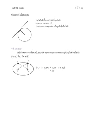 OpenPassorn Math Kit EBook ห น้ า 56
ระยะทางเส้นตรงถึงเส้นตรง
.
d =
− 2
2 2
Ex
d =
− −
2 2
= d =
การเลื่อนแกน (Translation of Axes)
การเลื่อนแกนทางขนาน หมายถึง หมายถึงการเปลี่ยนแปลงแกนพิกัดเดิมอย่างน้อยหนึ่ง
แกน (แกน X หรือแกน Y) โดยให้แกนพิกัดใหม่ขนานกับแกนพิกัดเดิม
การเลื่อนแกนทางขนานนับเป็นพื้นฐานที่สาคัญที่จะช่วยในการศึกษาเกี่ยวกับภาคตัดกรวย
ได้ สะดวกยิ่งขึ้นในระบบแกนมุมฉาก เราใช้แกน X และ Y สาหรับอ้างอิงพิกัดหรือตาแหน่งของ
จุดในระนาบจุด P(x, y) เป็นจุดที่อยู่ห่างจากแกน Y ไปทางขวามือเป็นระยะ x หน่วย และอยู่ห่าง
จากแกน X ซึ่งอยู่เหนือแกน X เป็นระยะ y หน่วย ดังรูป
d d
 