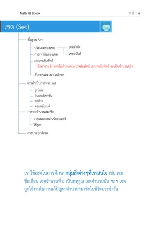 OpenPassorn Math Kit EBook ห น้ า 6
บทที่ 1 เซต
ข้อควรระวัง หากไม่กาหนดเอกภพสัมพัทธ์ เอกภพสัมพัทธ์ จะเป็นจานวนจริง
พื้นฐาน Set
การดาเนินการทาง Set
การหาจานวนสมาชิก
การประยุกต์เซต
ประเภทของเซต
การเท่ากันของเซต
เอกภพสัมพัทธ์
สับเซตและเพาเวอร์เซต
ยูเนียน ∪
อินเตอร์เซกชัน ∩
ผลต่าง −
คอมพลีเมนต์ ′
วาดแผนภาพเวนน์ออยเลอร์
ใช้สูตร
เซตจากัด
เซตอนันต์
เซตว่าง
 