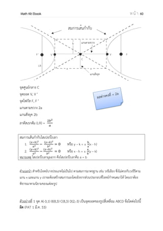 OpenPassorn Math Kit EBook ห น้ า 60
พาราโบลา(Parabola)
พาราโบลาคือ เซตของจุดทุกจุดบนระนาบ ซึ่งอยู่ห่างจากเส้นตรง(เส้นไดเรกติก) ที่เส้น
หนึ่งบนระนาบและจุดคงที่(จุดโฟกัส)จุดหนึ่งบนระนาบนอกเส้นตรงคงที่นั้น เป็นระยะทางเท่ากัน
เสมอ
สมการมาตรฐาน
(x – h)2
= 4c(y–k) (y – k)2
= 4c(x – h)
จุดยอด V
จุดโฟกัส F
ลาตัสเรกตรัม (LR) = 4C
 