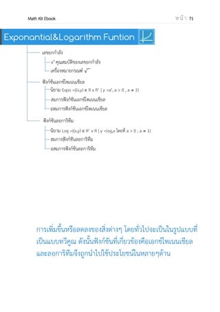 OpenPassorn Math Kit EBook ห น้ า 71
ประเภทของเมตริกซ์
1. เมตริกซ์เอกฐาน (Singular Matrix) คือ เมตริซ์ที่มี det = 0
ซึ่งหาอินเวอร์สไม่ได้
2. เมตริกซ์ไม่เอกฐาน (Non Singular Matrix) คือเมตริซ์ที่มี det ไม่เท่ากับ 0 ซึ่งหาอินเวอร์สได้
การดาเนินการทางแถว
1. สลับแถว ทาให้ det กลับเครื่องหมาย
2. นาค่าคงที่คูณทั้งแถว ทาให้ค่า det ถูกคูณด้วยค่าคงที่
3. นาค่าคงที่คูณทั้งแถวไปดาเนินการบวกหรือลบกับอีกแถวหนึ่ง det มีค่าเท่าเดิม
คุณสมบัติดีเทอร์มิแนนต์
detAB = detA × det B
detAm
= (detA)m
detAt
= detA
detkA = kn
× detA n × n มิติ
Ex A = * + จงหา det 3At
เราสามารถใช้คุณสมบัติของ ดีเทอร์มิแนนต์ช่วย
จะได้ว่า 32
det A
detA = 2
จึงได้ว่า 9 x 2 = 18
อินเวอร์สการคูณ
อินเวอร์สการคูณของเมตริกซ์ A ก็คือ เมตริกซ์ ซึ่ง
เมื่อนามาคูณกับเมตริกซ์ A แล้วจะได้ผลลัพธ์
เท่ากับเมตริกซ์เอกลักษณ์ I และเราใช้สัญลักษณ์
A–1 แทน อินเวอร์สการคูณของเมตริกซ์ นั่นคือ
AA–1
= I
เราสามารถหาอินเวอร์สการคูณของเมตริกซ์ได้เมื่อ
เมตริกซ์เป็นเมตริกซ์ไม่เอกฐาน (Non – Singular
Matrix) หรือค่า det ไม่เป็น 0
การหาอินเวอร์สจากการดาเนินการทางแถว
[A | I] ~ [I | A–1
]
Ex A= [ − − ] จงหา A–1
[ − | ]
~ [ | − ]
~ [ |
−
]
~ [ |
−
]
A–1
= [
−
]
R2-R3
R23
R1÷2
 