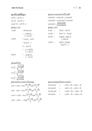 OpenPassorn Math Kit EBook ห น้ า 81
วิธีทา พิจารณา log2 log3 log5 (2x +3) = 0
จะได้ว่า log3 log5 (2x +3) = 20
log5 (2x +3) = 31
2x + 3 = 125
x = 61
พิจารณา log2 256 – A = log2 256 – 61
= log2 28
– 61
= 8 – 61
= – 53
2A – 3B = 122 +159
= 281
ตอบ 281
การแก้อสมการ Expo, log
วิธีทา จัดฐานทั้ง 2 ข้างให้เท่ากัน
 ฐาน > 1 ให้ใช้เครื่องหมายเดิม
 0 < ฐาน <1 ให้เปลี่ยนโดยการกลับเครื่องหมาย
Ex ( ) > ( )
วิธีทา ( ) > ( )
ปลดฐาน
x
2
< 4
|x| < 2
−2 < x < 2
Ex log (5x–3) > log (4x+6)
วิธีทา ปลด log ฐานมากกว่า 1 เครื่องหมายเดิม
5x–3 > 4x+6
x > 9
 