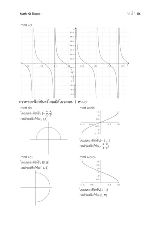 OpenPassorn Math Kit EBook ห น้ า 86
ตัวอย่างที่ 1 จงหาค่า sin60° – cos30° + tan45°
วิธีทา – + 1
= 1
ตอบ 1
ตัวอย่างที่ 2 จงหาค่า A เมื่อ 0°< A < 90° และ 2 – 2sinA = 1
วิธีทา 2 – 2sinA = 1
2 – 1 = 2sinA
= sinA
ตอบ A = 30°
ตัวอย่างที่ 3 กาหนด sin A = จงหา 12sin30°(tanA)
วิธีทา จากค่า sin จะได้ 132
= 52
+ x2
x = 12
tan A =
6sin30°(tanA) = 6( × )
=
ตอบ
ข้อควรรู้ มุมหน่วยเรเดียน = 180° = 90°
= 60° = 45°
= 30°
13
5
x
 