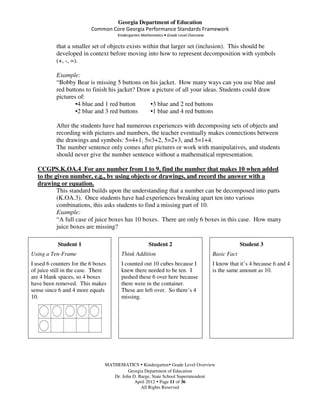 Georgia Department of Education
                          Common Core Georgia Performance Standards Framework
                                     Kindergarten Mathematics • Grade Level Overview

           that a smaller set of objects exists within that larger set (inclusion). This should be
           developed in context before moving into how to represent decomposition with symbols
           (+, -, =).

           Example:
           “Bobby Bear is missing 5 buttons on his jacket. How many ways can you use blue and
           red buttons to finish his jacket? Draw a picture of all your ideas. Students could draw
           pictures of:
                   •4 blue and 1 red button      •3 blue and 2 red buttons
                   •2 blue and 3 red buttons     •1 blue and 4 red buttons

           After the students have had numerous experiences with decomposing sets of objects and
           recording with pictures and numbers, the teacher eventually makes connections between
           the drawings and symbols: 5=4+1, 5=3+2, 5=2+3, and 5=1+4.
           The number sentence only comes after pictures or work with manipulatives, and students
           should never give the number sentence without a mathematical representation.

  CCGPS.K.OA.4 For any number from 1 to 9, find the number that makes 10 when added
  to the given number, e.g., by using objects or drawings, and record the answer with a
  drawing or equation.
          This standard builds upon the understanding that a number can be decomposed into parts
          (K.OA.3). Once students have had experiences breaking apart ten into various
          combinations, this asks students to find a missing part of 10.
          Example:
          “A full case of juice boxes has 10 boxes. There are only 6 boxes in this case. How many
          juice boxes are missing?

           Student 1                                 Student 2                                      Student 3
Using a Ten-Frame                      Think Addition                                  Basic Fact
I used 6 counters for the 6 boxes      I counted out 10 cubes because I                I know that it’s 4 because 6 and 4
of juice still in the case. There      knew there needed to be ten. I                  is the same amount as 10.
are 4 blank spaces, so 4 boxes         pushed these 6 over here because
have been removed. This makes          there were in the container.
sense since 6 and 4 more equals        These are left over. So there’s 4
10.                                    missing.




                                MATHEMATICS Kindergarten Grade Level Overview
                                          Georgia Department of Education
                                   Dr. John D. Barge, State School Superintendent
                                             April 2012 Page 11 of 36
                                                All Rights Reserved
 