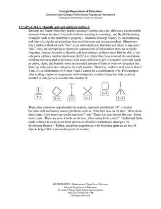 Georgia Department of Education
                     Common Core Georgia Performance Standards Framework
                               Kindergarten Mathematics • Grade Level Overview



CCGPS.K.OA.5 Fluently add and subtract within 5.
    Students are fluent when they display accuracy (correct answer), efficiency (a reasonable
    amount of steps in about 3 seconds without resorting to counting), and flexibility (using
    strategies such as the distributive property). Students develop fluency by understanding
    and internalizing the relationships that exist between and among numbers. Oftentimes,
    when children think of each “fact” as an individual item that does not relate to any other
    “fact”, they are attempting to memorize separate bits of information that can be easily
    forgotten. Instead, in order to fluently add and subtract, children must first be able to see
    sub-parts within a number (inclusion, K.CC.4.c). Once they have reached this milestone,
    children need repeated experiences with many different types of concrete materials (such
    as cubes, chips, and buttons) over an extended amount of time in order to recognize that
    there are only particular sub-parts for each number. Therefore, children will realize that if
    3 and 2 is a combination of 5, then 3 and 2 cannot be a combination of 6. For example,
    after making various arrangements with toothpicks, students learn that only a certain
    number of sub-parts exist within the number 4:




       Then, after numerous opportunities to explore, represent and discuss “4”, a student
       becomes able to fluently answer problems such as, “One bird was on the tree. Three more
       birds came. How many are on the tree now?” and “There was one bird on the tree. Some
       more came. There are now 4 birds on the tree. How many birds came?” Traditional flash
       cards or timed tests have not been proven as effective instructional strategies for
       developing fluency.* Rather, numerous experiences with breaking apart actual sets of
       objects help children internalize parts of number.




                          MATHEMATICS Kindergarten Grade Level Overview
                                    Georgia Department of Education
                             Dr. John D. Barge, State School Superintendent
                                       April 2012 Page 12 of 36
                                          All Rights Reserved
 