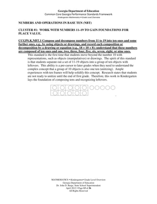 Georgia Department of Education
                     Common Core Georgia Performance Standards Framework
                                Kindergarten Mathematics • Grade Level Overview

NUMBERS AND OPERATIONS IN BASE TEN (NBT)

CLUSTER #1: WORK WITH NUMBERS 11–19 TO GAIN FOUNDATIONS FOR
PLACE VALUE.

CCGPS.K.NBT.1 Compose and decompose numbers from 11 to 19 into ten ones and some
further ones, e.g., by using objects or drawings, and record each composition or
decomposition by a drawing or equation (e.g., 18 = 10 + 8); understand that these numbers
are composed of ten ones and one, two, three, four, five, six, seven, eight, or nine ones.
       This standard is the first time that students move beyond the number 10 with
       representations, such as objects (manipulatives) or drawings. The spirit of this standard
       is that students separate out a set of 11-19 objects into a group of ten objects with
       leftovers. This ability is a pre-cursor to later grades when they need to understand the
       complex concept that a group of 10 objects is also one ten (unitizing). Ample
       experiences with ten frames will help solidify this concept. Research states that students
       are not ready to unitize until the end of first grade. Therefore, this work in Kindergarten
       lays the foundation of composing tens and recognizing leftovers.



                                                                                  .




                           MATHEMATICS Kindergarten Grade Level Overview
                                     Georgia Department of Education
                              Dr. John D. Barge, State School Superintendent
                                        April 2012 Page 13 of 36
                                           All Rights Reserved
 