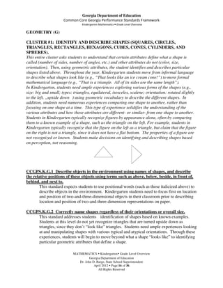 Georgia Department of Education
                      Common Core Georgia Performance Standards Framework
                                 Kindergarten Mathematics • Grade Level Overview

GEOMETRY (G)

CLUSTER #1: IDENTIFY AND DESCRIBE SHAPES (SQUARES, CIRCLES,
TRIANGLES, RECTANGLES, HEXAGONS, CUBES, CONES, CYLINDERS, AND
SPHERES).
This entire cluster asks students to understand that certain attributes define what a shape is
called (number of sides, number of angles, etc.) and other attributes do not (color, siz
                                                                                       size,
orientation). Then, using geometric attributes, the student identifies and describes particular
shapes listed above. Throughout the year, Kindergarten students move from informal language
to describe what shapes look like (e.g., “That looks like an ice cream cone!”) to more formal
                                                               ice
mathematical language (e.g., “That is a triangle. All of its sides are the same length”).
In Kindergarten, students need ample experiences exploring various forms of the shapes (e.g.,
size: big and small; types: triangles, equilateral, isosceles, scalene; orientation: rotated slightly
to the left, „upside down ) using geometric vocabulary to describe the different shapes. In
addition, students need numerous experiences comparing one shape to another, rather than
focusing on one shape at a time. This type of experience solidifies the understanding of the
various attributes and how those attributes are different or similar- from one shape to another.
                                                   different-
Students in Kindergarten typically recognize figures by appearance alone, often by comparing
                                                                        alone,
them to a known example of a shape, such as the triangle on the left. For example, students in
Kindergarten typically recognize that the figure on the left as a triangle, but claim that the figure
on the right is not a triangle, since it does not have a flat bottom. The properties of a figure are
not recognized or known. Students make decisions on identifying and describing shapes based
on perception, not reasoning.




CCGPS.K.G.1 Describe objects in the environment using names of shapes, and describe
                                                                         shapes,
the relative positions of these objects using terms such as above, below, beside, in front of,
behind, and next to.
        This standard expects students to use positional words (such as those italicized above) to
        describe objects in the environment. Kindergarten students need to focus first on location
                                environment.
        and position of two-and-three dimensional objects in their classroom prior to describing
                                  three-dimensional
        location and position of two
                                 two-and-three-dimension representations on paper.
                                                dimension

CCGPS.K.G.2 Correctly name shapes regardless of their orientations or overall size.
    This standard addresses students identification of shapes based on known examples.
    Students at this level do not yet recognize triangles that are turned upside down as
    triangles, since they don’t “look like” triangles. Students need ample experiences looking
    at and manipulating shapes with various typical and atypical orientations. Through these
    experiences, students will begin to move beyond what a shape “looks like” to identifying
    particular geometric attributes that define a shape.
                  ometric

                           MATHEMATICS Kindergarten Grade Level Overview
                                     Georgia Department of Education
                              Dr. John D. Barge, State School Superintendent
                                        April 2012 Page 16 of 36
                                           All Rights Reserved
 