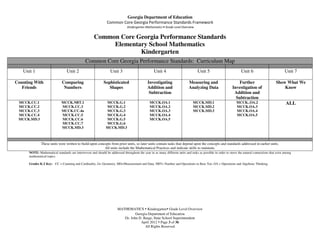 Georgia Department of Education
                                                                Common Core Georgia Performance Standards Framework
                                                                               Kindergarten Mathematics • Grade Level Overview


                                                      Common Core Georgia Performance Standards
                                                           Elementary School Mathematics
                                                                   Kindergarten
                                                Common Core Georgia Performance Standards: Curriculum Map
   Unit 1                         Unit 2                          Unit 3                           Unit 4                           Unit 5                          Unit 6                           Unit 7

Counting With                 Comparing                      Sophisticated                    Investigating                  Measuring and                        Further                     Show What We
   Friends                     Numbers                          Shapes                        Addition and                   Analyzing Data                   Investigation of                    Know
                                                                                               Subtraction                                                     Addition and
                                                                                                                                                                Subtraction
 MCCK.CC.1                    MCCK.NBT.1                       MCCK.G.1                         MCCK.OA.1                       MCCK.MD.1                        MCCK..OA.2                           ALL
 MCCK.CC.2                    MCCK.CC.3                        MCCK.G.2                         MCCK.OA.2                       MCCK.MD.2                        MCCK.OA.3
 MCCK.CC.3                    MCCK.CC.4a                       MCCK.G.3                         MCCK.OA.3                       MCCK.MD.3                        MCCK.OA.4
 MCCK.CC.4                    MCCK.CC.5                        MCCK.G.4                         MCCK.OA.4                                                        MCCK.OA.5
 MCCK.MD.3                    MCCK.CC.6                        MCCK.G.5                         MCCK.OA.5
                              MCCK.CC.7                        MCCK.G.6
                              MCCK.MD.3                        MCCK.MD.3



              These units were written to build upon concepts from prior units, so later units contain tasks that depend upon the concepts and standards addressed in earlier units.
                                                         All units include the Mathematical Practices and indicate skills to maintain.
      NOTE: Mathematical standards are interwoven and should be addressed throughout the year in as many different units and tasks as possible in order to stress the natural connections that exist among
      mathematical topics.

      Grades K-2 Key: CC = Counting and Cardinality, G= Geometry, MD=Measurement and Data, NBT= Number and Operations in Base Ten, OA = Operations and Algebraic Thinking.




                                                                        MATHEMATICS Kindergarten Grade Level Overview
                                                                                  Georgia Department of Education
                                                                           Dr. John D. Barge, State School Superintendent
                                                                                     April 2012 Page 3 of 36
                                                                                        All Rights Reserved
 