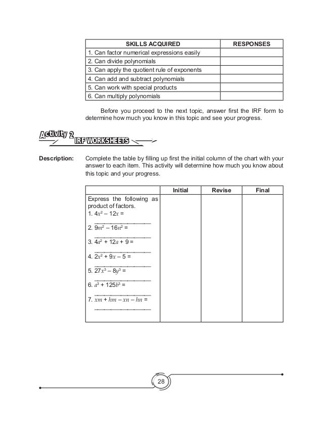 8 grade math factoring module for 12   Module Curriculum 8 K Mathematics Learning Grade