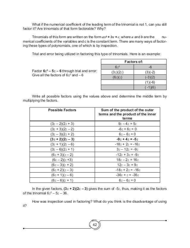 math 8 factoring grade module for  K 8 Curriculum  Grade 12 Learning Module Mathematics