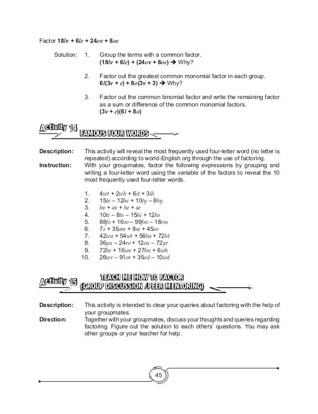 math factoring 8 module grade K Curriculum Mathematics 8 12 for  Learning Module  Grade