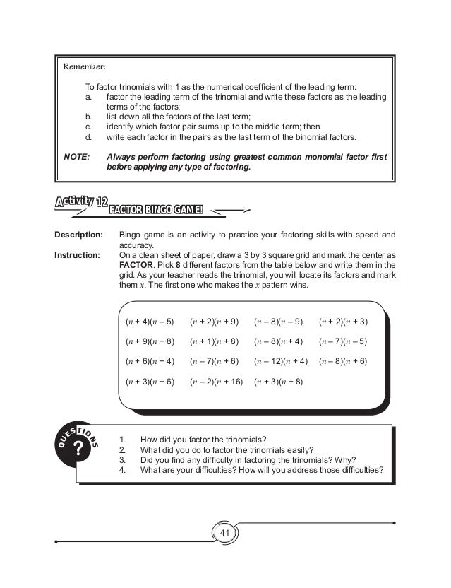 math grade module 8 factoring Learner 8 12 Grade K to Module  Math