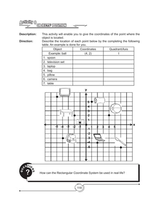 118
OBJECTS’ POSITION
Activity 8
Description: 	 This activity will enable you to give the coordinates of the point where the
object is located.
Direction: 		 Describe the location of each point below by the completing the following
table. An example is done for you.
Object Coordinates Quadrant/Axis
Example: ball (4, 2) I
1. spoon
2. television set
3. laptop
4. bag
5. pillow
6.  camera
7. table
QU
ESTIO
NS
? How can the Rectangular Coordinate System be used in real life?
 
