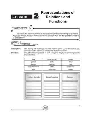 126
Lesson 22
Representations of
Relations and
Functions
What to KnowWhat to Know
	 Let’s start this lesson by looking at the relationship between two things or quantities.
As you go through, keep on thinking about this question: How are the quantities related
to each other?
CLASSIFY!
Activity 1
Description: 	 This activity will enable you to write ordered pairs. Out of this activity, you
can describe the relation of an object to its common name.
Direction: 		 Group the following objects in such a way that they have common property/
characteristics.
fork liquid eraser grater
pencil knife iPod
laptop ballpen pot
digital camera tablet cellphone
ladle notebook paper
Kitchen Utensils School Supplies Gadgets
________________
________________
________________
________________
________________
________________
________________
________________
________________
________________
________________
________________
________________
________________
________________
 