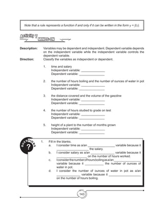 143
Note that a rule represents a function if and only if it can be written in the form y = f(x).
MINDS-ON
Activity 7
Description: 	 Variables may be dependent and independent. Dependent variable depends
on the independent variable while the independent variable controls the
dependent variable.
Direction: 		 Classify the variables as independent or dependent.
1.	 time and salary
	 Independent variable: ______________
	 Dependent variable: _______________
2.	 the number of hours boiling and the number of ounces of water in pot
	 Independent variable: ______________
	 Dependent variable: _______________
3.	 the distance covered and the volume of the gasoline
	 Independent variable: ______________
	 Dependent variable: _______________
4.	 the number of hours studied to grade on test
	 Independent variable: ______________
	 Dependent variable: _______________
5.	 height of a plant to the number of months grown
	 Independent variable: ______________
	 Dependent variable: _______________
QU
ESTIO
NS
?
1.	 Fill in the blanks.
a.	 I consider time as a/an ________________ variable because it
___________________ the salary.
b.	 I consider salary as a/an ______________ variable because it
__________________ on the number of hours worked.
c.	 Iconsiderthenumberofhoursboilingasa/an________________
variable because it ___________ the number of ounces of
water in pot.
d.	 I consider the number of ounces of water in pot as a/an
______________ variable because it ___________________
on the number of hours boiling.
 