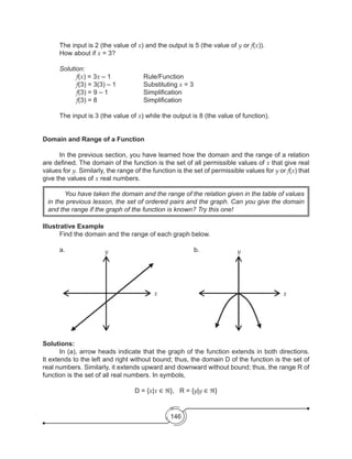 146
	 You have taken the domain and the range of the relation given in the table of values
in the previous lesson, the set of ordered pairs and the graph. Can you give the domain
and the range if the graph of the function is known? Try this one!
	 The input is 2 (the value of x) and the output is 5 (the value of y or f(x)).
	 How about if x = 3?
	 Solution:
		f(x) = 3x – 1		 Rule/Function
		f(3) = 3(3) – 1	 	 Substituting x = 3
		f(3) = 9 – 1		 	 Simplification
		f(3) = 8	 	 	 Simplification
	 The input is 3 (the value of x) while the output is 8 (the value of function).
Domain and Range of a Function
	 In the previous section, you have learned how the domain and the range of a relation
are defined. The domain of the function is the set of all permissible values of x that give real
values for y. Similarly, the range of the function is the set of permissible values for y or f(x) that
give the values of x real numbers.
Illustrative Example
	 Find the domain and the range of each graph below.
	a.								b.
Solutions:
	 In (a), arrow heads indicate that the graph of the function extends in both directions.
It extends to the left and right without bound; thus, the domain D of the function is the set of
real numbers. Similarly, it extends upward and downward without bound; thus, the range R of
function is the set of all real numbers. In symbols,
D = {x|x ∈ ℜ},   R = {y|y ∈ ℜ}
y
x
y
x
 