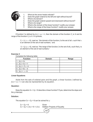 167
QU
ESTIO
NS?
1.	 What do the arrow heads indicate?
2.	 Does the graph extend to the left and right without bound?
3.	 What is its domain?
4.	 Does the graph extend upward and downward without bound?
5.	 What is its range?
6.	 What is the domain of the linear function? Justify your answer.
7.	 What is the range of the linear function? Justify your answer.
Exercise 3
	 Complete the following table.
Function Domain Range
1. f(x) = 2x
2. f(x) = 4x + 1
3. f(x) = -7x – 4
4. f(x) = 8x – 5
5. f(x) =  x – 9
Linear Equations
	 Aside from the sets of ordered pairs and the graph, a linear function f defined by
f(x) = mx + b can also be represented by its equation.
Question:
	 Does the equation 3x + 2y = 6 describe a linear function? If yes, determine the slope and
the y-intercept.
Solution:
	 The equation 3x + 2y = 6 can be solved for y:
		 3x + 2y = 6		 	 	 Given
		3x + 2y + (-3x) = 6 + (-3x) 	 Addition Property of Equality
	 If function f is defined by f(x) = mx + b, then the domain of the function Df
is ℜ and its
range of the function Rf
is ℜ. In symbols,
Df
= {x|x ∈ ℜ}, read as: “the domain of the function f is the set of all x such that x
is an element of the set of real numbers,” and
Rf
= {y|y ∈ ℜ}, read as: “the range of the function f is the set of all y such that y is
an element of the set of real numbers.”
 
